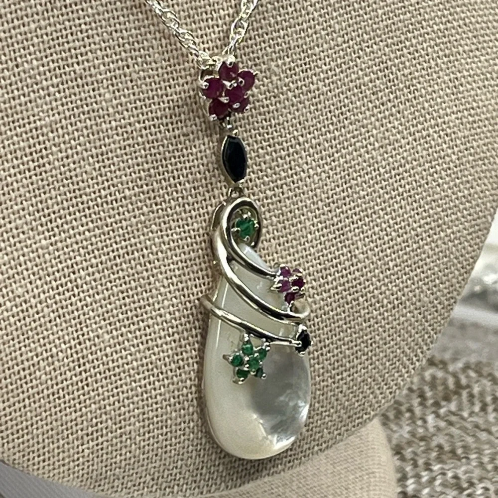 Vintage Sterling Silver Mother of Pearl & Gemstone Pendant